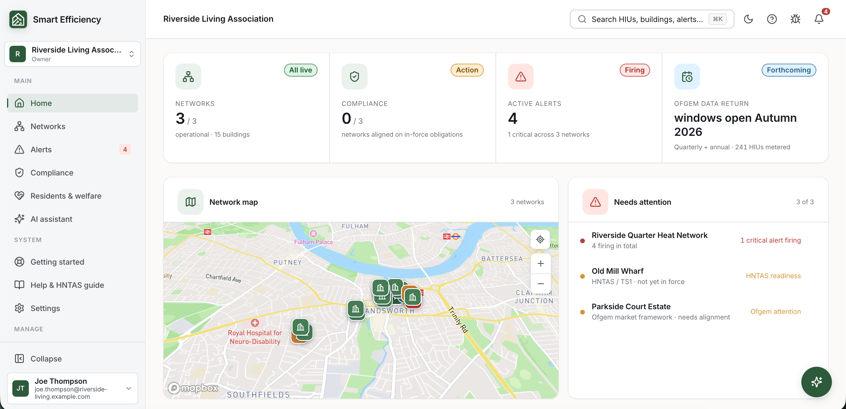 Smart Efficiency desktop dashboard showing a portfolio map of heat networks and live performance KPIs